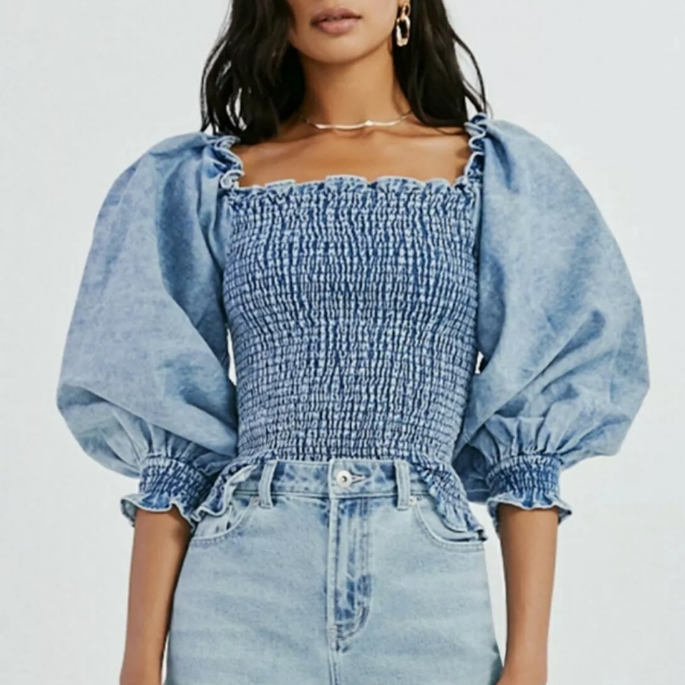 Something Navy puff sleeve denim smocked blouse XS